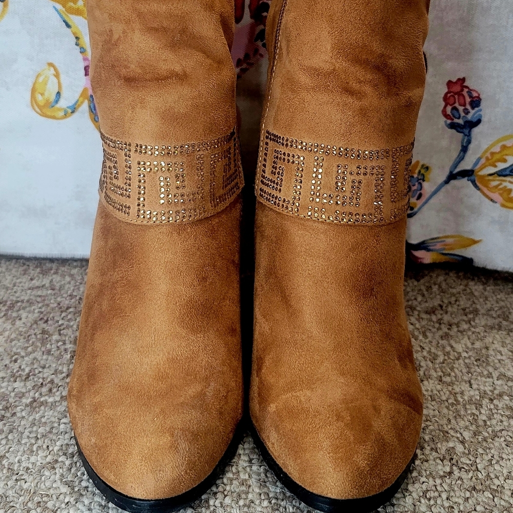 Italina Camel Zip Embellished Boot, Size 6.5